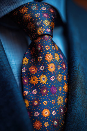 A striking necktie features a vibrant floral pattern in orange, purple, and yellow against a dark blue background. It complements the tailored suit of a person attending a formal event, adding a touch of flair and style to their outfit.の素材