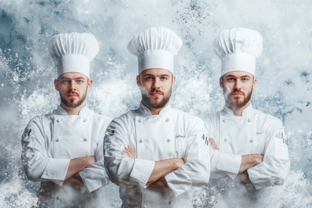 Three chefs stand confidently with arms crossed, wearing traditional white uniforms and large chef hats. They are positioned against an artistic backdrop that enhances their professional demeanor, combining tradition and modern flair.の素材