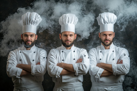 Three professional chefs stand side by side, arms crossed, in a decorative kitchen filled with swirling smoke. They wear traditional white chef coats and hats, exuding a sense of teamwork and culinary expertise during an evening service.の素材