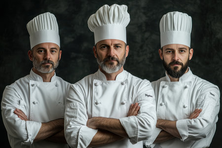 Three experienced chefs stand side by side in a culinary studio, wearing white hats and jackets, arms crossed, highlighting their dedication to the art of cooking in a professional environment.の素材