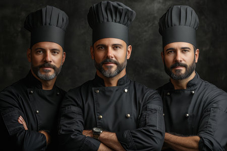 Three chefs stand side by side, each wearing black uniforms and tall chef hats. Their expressions convey confidence and passion for cooking. The dark background enhances the focus on their serious demeanor and commitment to the culinary arts.の素材