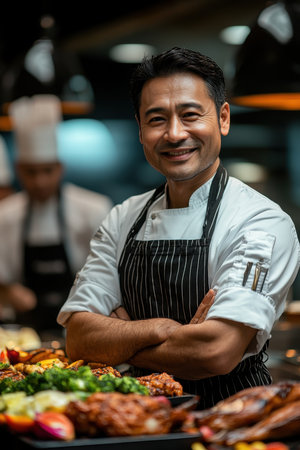 A chef with a confident smile stands in front of a colorful buffet, highlighting a variety of dishes prepared for guests in a bustling restaurant during dinner hours.の素材