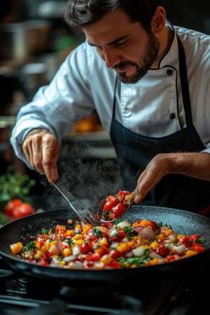 A skilled chef is focused on the preparation of colorful dishes in a warm, rustic kitchen filled with various ingredients. The chef stirs fresh vegetables and spices in a large pan, while several other dishes await.の素材