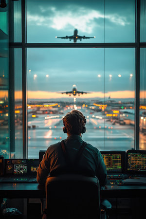A control tower operator sits in front of a computer, intently observing flight patterns outside the glass window. Bright lights illuminate the airport as a plane takes off against a stunning sunset backdrop.の素材