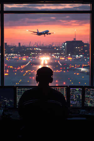 A control tower operator sits in front of a computer, intently observing flight patterns outside the glass window. Bright lights illuminate the airport as a plane takes off against a stunning sunset backdrop.の素材