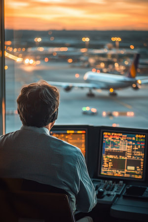 An air traffic controller focuses intently on multiple computer screens displaying real-time flight data and communications as the sun sets over a busy airport. The sky colors shift to shades of orange and purple, creating a stunning backdrop.の素材