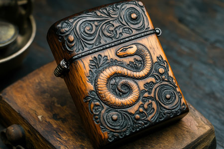 Crafted leather case adorned with a detailed snake motif rests on a wooden surface, highlighting the intricate artistry and skill involved in its creation. The design also features floral elements that enhance its appeal.の素材