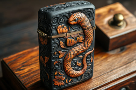 Crafted leather case adorned with a detailed snake motif rests on a wooden surface, highlighting the intricate artistry and skill involved in its creation. The design also features floral elements that enhance its appeal.の素材