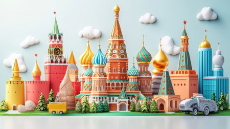 A detailed miniature representation of famous Russian landmarks, including St. Basil's Cathedral and the Kremlin. The colorful towers and domes stand out against a soft yellow backdrop, showcasing intricate designs and craftsmanship.の素材