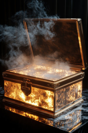 An ornate treasure chest lies open, glowing with warm light and surrounded by swirling smoke. The intricate design and golden accents contrast sharply with the dark background, evoking a sense of mystery and allure.の素材