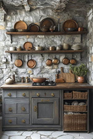 A rustic kitchen features stone walls with wooden shelves displaying handcrafted pottery, bowls, and cooking utensils. A warm atmosphere is created by the wooden storage baskets and a large pot on the stove, perfect for home cooking.の素材