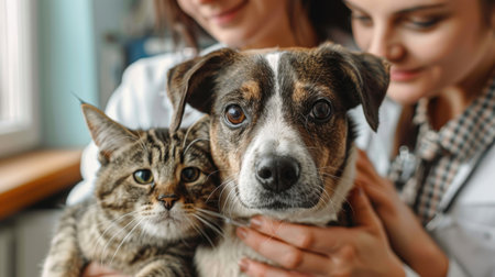 A dog and a cat in the arms of the owner. A friendly pair of pets.の素材