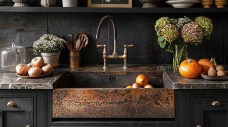 Designer Kitchen table. A countertop in a stylish kitchen with household appliances.の素材