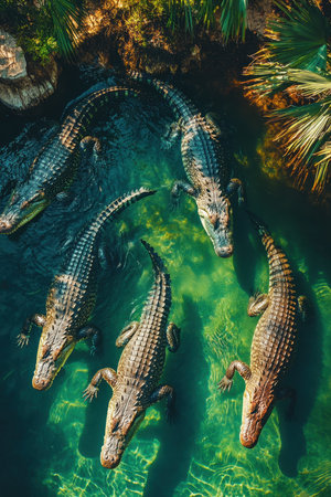 Several crocodiles glide through pristine turquoise waters, showcasing their powerful bodies and textured scales. The lush vegetation around the water adds to the vibrant setting, highlighting the wildlife in their natural environment.の素材