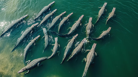 Four crocodiles glide through clear turquoise waters with rippling waves surrounding them. The scene captures their impressive size and intricate skin patterns while basking under bright sunlit conditions.の素材