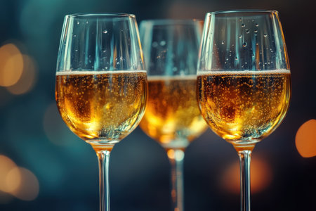 Three elegant glasses filled with a sparkling golden beverage sit on a table, capturing soft light reflections. Bubbles rise gently from the bottom, creating a festive ambiance perfect for celebrations among friends or family.の素材