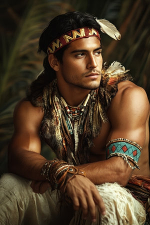 A young man embodies the essence of Native American culture, adorned in intricately designed traditional attire. His serious expression and detailed accessories reflect deep pride in his heritage against a rich, natural backdrop.の素材