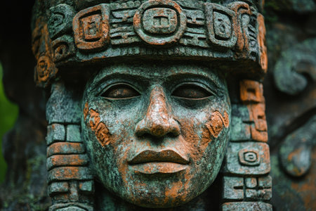 A detailed stone sculpture captures the face of a warrior adorned with decorative carvings and ancient symbols. The artifact shows signs of aging, with weathered textures and a rich green background of foliage, suggesting a historic site.の素材