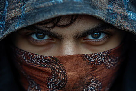 The image captures a young individual with an intense expression, eyes piercing through the shadows, partially covering their face with a patterned scarf. The setting is urban and the time appears to be twilight, adding to the intrigue.の素材