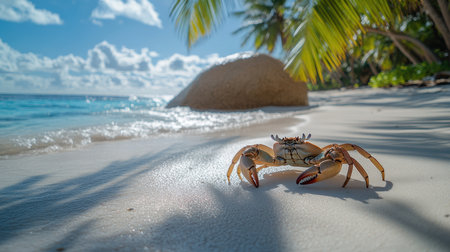 A bright crab scuttles across the sandy shore of a tropical beach. The water sparkles in the sunlight, and lush palm trees sway gently nearby. This idyllic setting captures the essence of a peaceful seaside escape.の素材