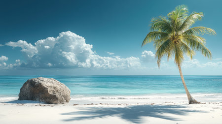 The landscape showcases a beautiful beach with a palm tree swaying gently beside a large rock. Bright turquoise waters lapping at the shore under a clear blue sky filled with fluffy white clouds create a serene tropical atmosphere.の素材
