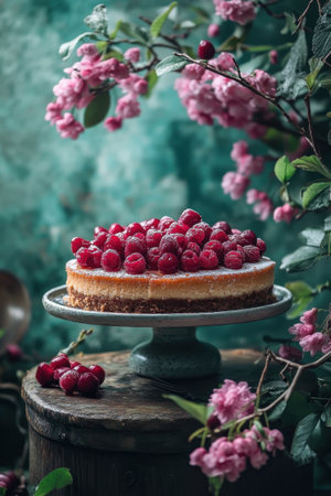 A delicious raspberry cheesecake sits atop a rustic wooden stand, adorned with fresh raspberries and surrounded by blooming pink flowers. The soft green backdrop enhances the dessert's appeal, creating an inviting atmosphere.の素材