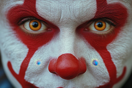 Clown with detailed face paint featuring bold red and white designs showcases striking golden eyes, creating an engaging presence. The event takes place outdoors, under the glow of evening lights, enhancing the festive ambiance.の素材