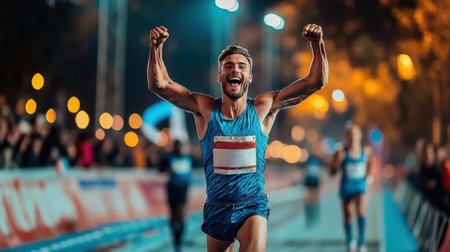 An athlete expresses pure joy as he crosses the finish line, raising both arms in triumph. The scene is illuminated with city lights, and cheering spectators add to the vibrant atmosphere of the night race event.の素材