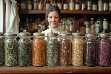 A woman with a warm smile stands behind a wooden counter lined with jars of various dried herbs and spices. The shelves behind her are filled with glass containers, adding to the inviting atmosphere of the shop filled with natural ingredients.の素材