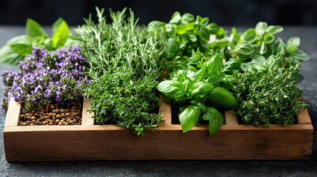 A wooden tray contains an assortment of fresh herbs, including vibrant basil, fragrant thyme, aromatic rosemary, refreshing mint, and flavorful oregano. These herbs are perfect for enhancing various dishes or garnishing plates.の素材