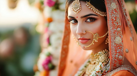 A beautiful bride is captured in a moment of grace, wearing a stunning traditional outfit and intricate jewelry. She stands amidst vibrant floral decorations, embodying the joy and elegance of a wedding ceremony at dusk.の素材