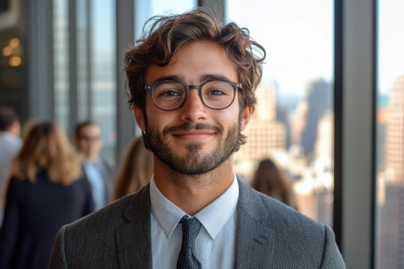 A young professional in a tailored suit stands in an upscale office, smiling warmly towards the camera. The background features a panoramic view of a busy city skyline during daylight, indicating a professional event.の素材