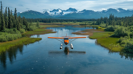 A vibrant seaplane glides gracefully above a tranquil river in Alaska, amidst stunning mountains and rich vegetation. The day is clear, showcasing the natural beauty of the landscape and the reflection in the water.の素材