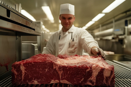 A butcher stands confidently in a well-lit kitchen, presenting a sizable cut of meat. Dressed in a chefの素材
