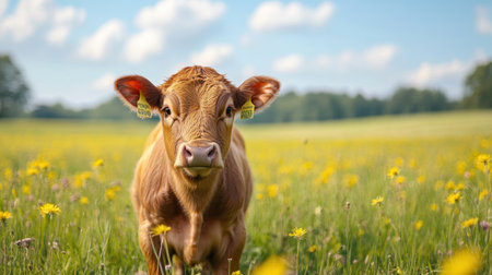 A young cow stands in the middle of a meadow bursting with colorful wildflowers under a blue sky dotted with fluffy clouds. The setting showcases the beauty of nature during a bright sunny day.の素材