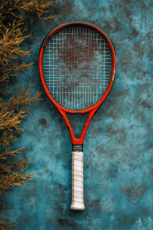 A vibrant red tennis racket is prominently featured against a textured blue backdrop, with subtle hints of green foliage nearby. This arrangement highlights the beauty of tennis gear in a visually striking manner.の素材