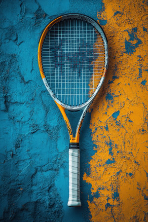 A tennis racket is displayed vertically against a bold textured wall split into blue and orange sections. The contrasting colors emphasize the racket's design and grip, celebrating the energy of tennis.の素材