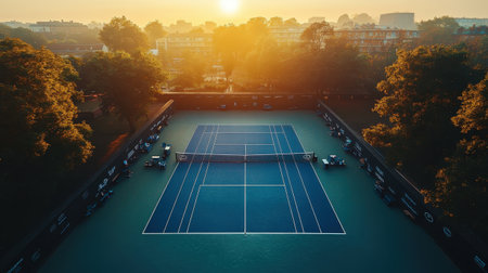 Under a warm sunset, blue tennis courts are illuminated, surrounded by trees and buildings. The tranquil environment invites players and spectators to enjoy evening matches in a vibrant atmosphere.の素材