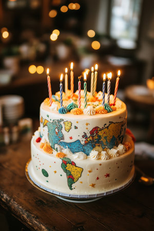 A beautifully decorated two-tier cake showcases a vibrant world map, adorned with colorful icing and topped with lit candles. The background reveals a warm, inviting atmosphere filled with soft lighting, enhancing the celebratory mood.の素材