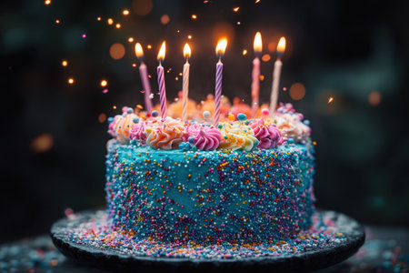 A beautifully decorated birthday cake sits on a stand, adorned with colorful frosting, sprinkles, and lit candles. Confetti and balloons fill the air, enhancing the cheerful atmosphere of the festive indoor celebration.の素材