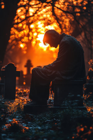 A person sits on a gravestone in a cemetery at sunset, head bowed in thought. The orange and gold light enhances the somber atmosphere, while trees cast shadows on the ground.の素材