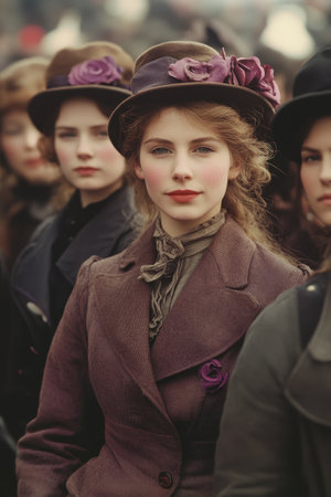 A young woman dressed in period clothing captivates attention in a large gathering of people wearing similar vintage outfits. The subtle details of her attire and makeup highlight the aesthetics of the era, blending sophistication with charm.の素材