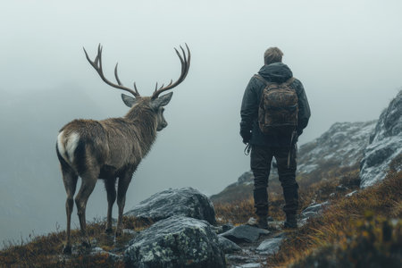 A man stands on rocky terrain, facing a majestic deer with impressive antlers. The mist envelops the mountains, creating an atmospheric backdrop. This tranquil early morning moment highlights nature's serene beauty.の素材