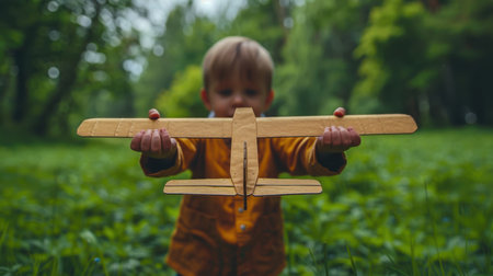 Cute boy playing with toy airplane . The child holds a toy airplane in his hands against the background of nature.の素材