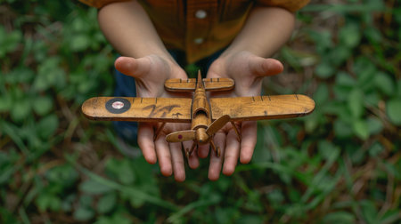 Close-up of a boy's hands with a toy airplane on the background of grass . A child holding a toy airplane on the background of nature.の素材