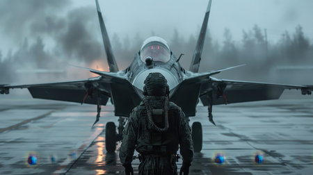 A fighter pilot in full flight gear stands in the background of his aircraft.の素材