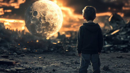 A boy stands on the ruined earth after the apocalypse and looks at the moon. war and an apocalypse of violence, a planet and an explosion in space. Childish innocence.の素材