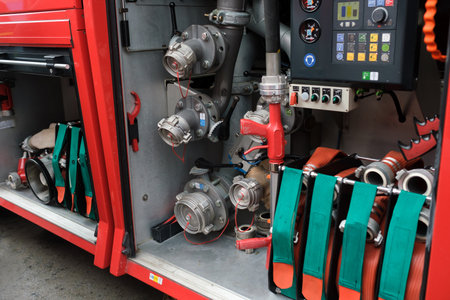 Equipment used for firefighting is neatly organized in a fire truck compartment with hoses, valves,...