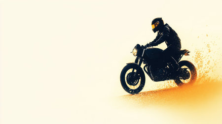 A motorcyclist skillfully navigates a sandy landscape during sunset, showcasing a mix of excitement and relaxation as dust clouds rise around the bike.の素材