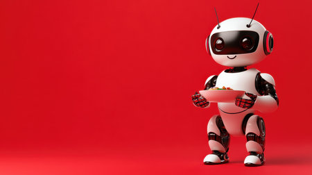 A small, friendly robot stands on a vibrant red background, smiling and holding a bowl of colorful food, ready to serve with a cheerful expression, showcasing a blend of technology and hospitality.の素材